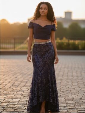Elegant Navy Blue Size 0 Sequin 2 piece Gown with Gold Accents; prom dress